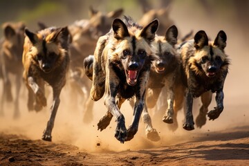 A pack of African wild dogs chasing down a wildebeest. - obrazy, fototapety, plakaty
