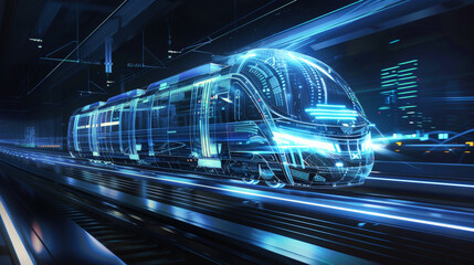 Fototapeta na wymiar A modern blue passenger train speeds through a bustling city at night, its lights casting a soft glow on the surrounding buildings