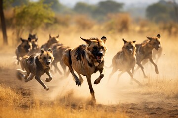A pack of African wild dogs chasing down a wildebeest. - obrazy, fototapety, plakaty