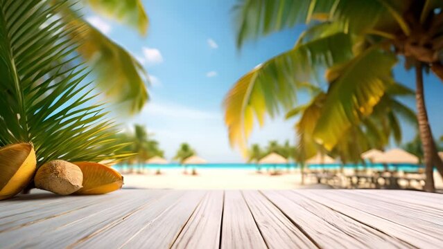 Empty wooden table top against blurred sea and sky and palm trees. Tropical background. The background can be used for mounting or displaying your products.