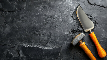 Hammer and chisel tools with wooden handles on black stone. - obrazy, fototapety, plakaty