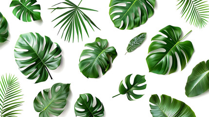 collection of green and tropical monstera palms - obrazy, fototapety, plakaty