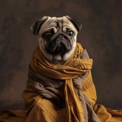 Pug dressed as a monk in a robe with a peaceful expression
