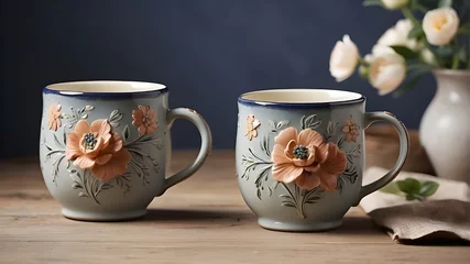 Foto op Plexiglas  A vintage-style ceramic mug with delicate floral patterns, reminiscent of old-fashioned charm © Kashif arts