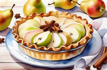 Pear pie on plate in watercolor style - 790737065