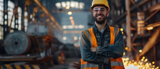The image shows a very young, professional engineer / worker wearing a safety vest and hard hat smiling towards the camera. In the background is an unfocused large industrial factory with welding - obrazy, fototapety, plakaty