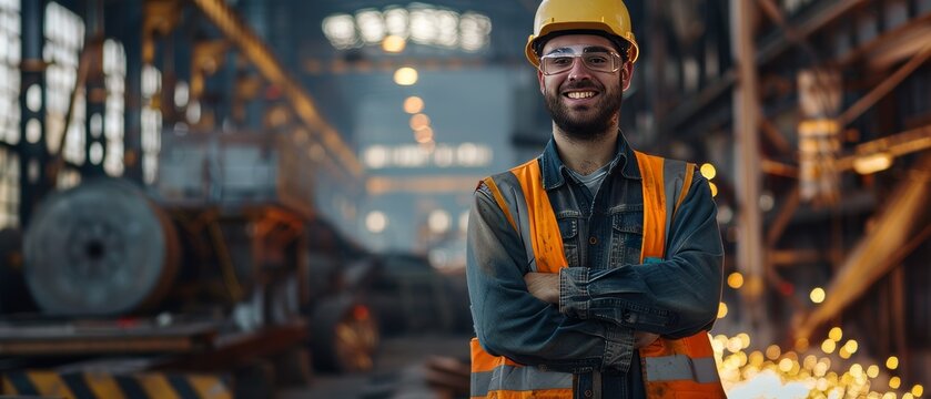 The image shows a very young, professional engineer / worker wearing a safety vest and hard hat smiling towards the camera. In the background is an unfocused large industrial factory with welding