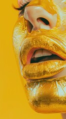 Closeup portrait of a woman with shimmering gold foil embellishments on her lips and eyes