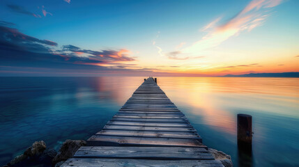 Obraz premium Wooden pier on the sea at sunset with beautiful sky, a long wooden path leads into the distance over the calm water