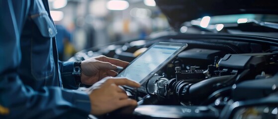 An expert inspects the engine bay by using a tablet computer with interactive diagnostics software. The manager uses the tablet computer to find broken components in the engine bay.