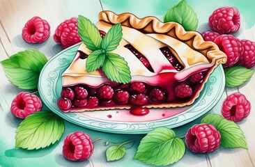 Piece of raspberry pie on plate in watercolor style - 790737262