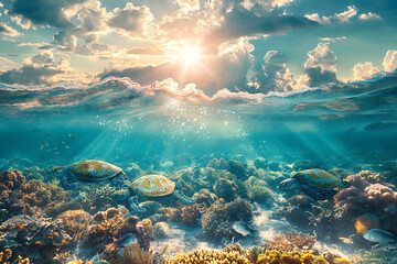 Serene Underwater Scene with Graceful Sea Turtle Gliding over Coral Reefs - obrazy, fototapety, plakaty