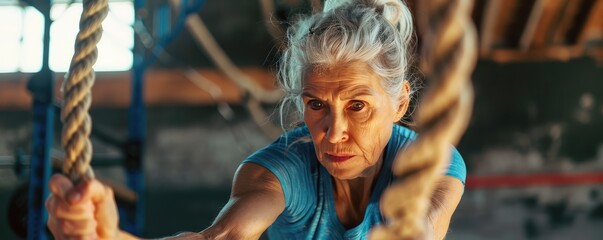 An older man exerting effort while working out with battle ropes, demonstrating vitality and activity.