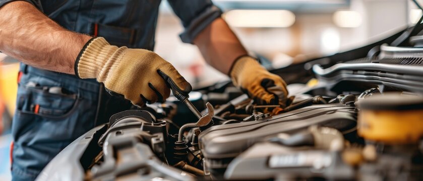 A Detail of a Professional Mechanic Working on a Vehicle in a Clean, Modern Workshop. The Repairman is Wearing Gloves and Using a Ratchet.