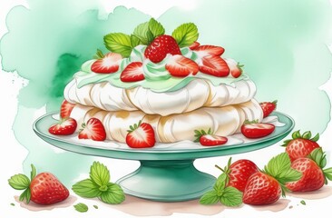 Pavlova cake with strawberries in watercolor style - 790737471