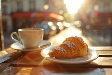 Charming paris cafe. croissant and cappuccino with stylish design and lens flare