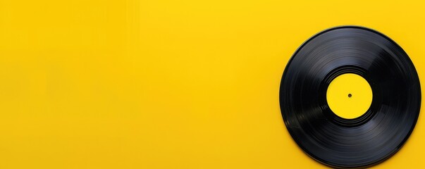 Obraz premium classic vinyl record against a solid bright yellow background, evoking a retro yet modern feel.
