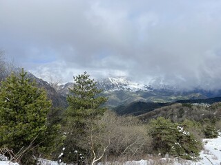 Tseylomsky pass in Ingushetia. A trip uphill to the Tsei Loam pass on a cloudy spring day. Panorama...
