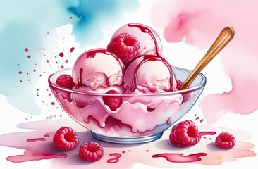 Raspberry ice cream in bowl, watercolor style - 790737695