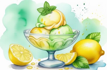 Ice cream with lemon and mint in watercolor style - 790737858