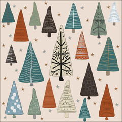 Christmas trees, graphics, creative pattern, illustration , New Year's card, print children's photo wallpaper, book, retro, set, collection