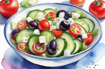 Greek salad with tomatoes, cucumbers, olives and cheese in watercolor style - 790738200