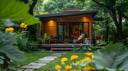 A tiny house, with lush greenery as the background, during a vibrant spring morning