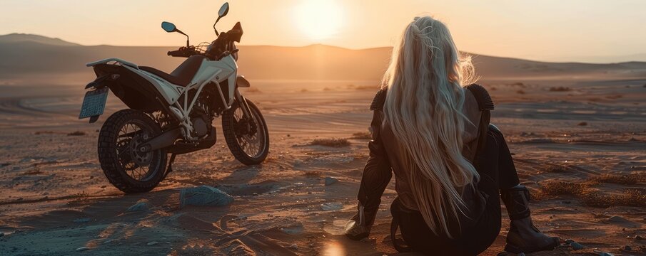 A lone woman with blond hair sits on motorcycle in an expansive desert, evoking a sense of freedom