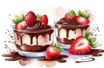Chocolate mousse with strawberries in glass bowls - 790738482