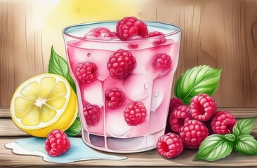Lemonade with raspberries and basil in glass on wooden background - 790738631