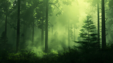 Obraz premium Enchanted Forest Scene with Misty Sunlight Filtering Through Trees