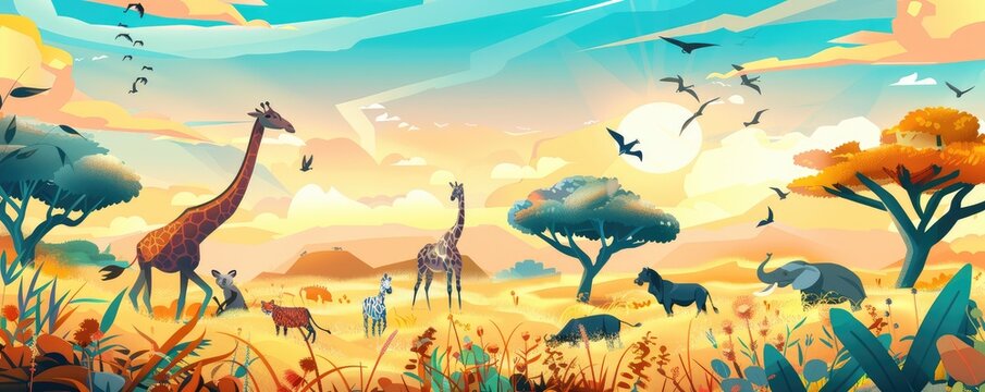 African savannah landscape during sunset featuring giraffes and flying birds, symbolizing peace and the beauty of nature. illustrative style, banner