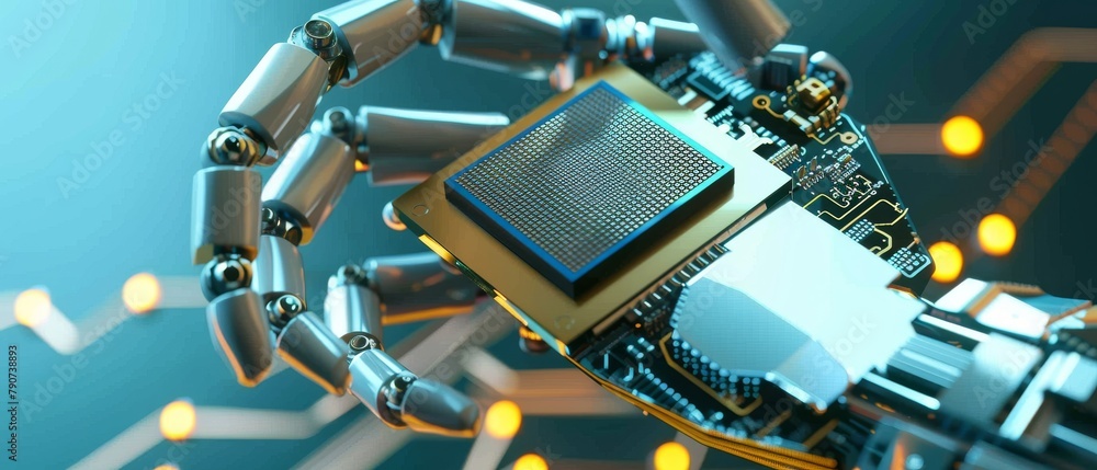 Poster industrial robot manipulator end effector holding a cpu chip. high tech modern authentic robot arm h