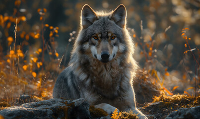 Majestic Gray Wolf Portrait in Natural Habitat - obrazy, fototapety, plakaty