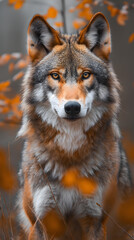 Fototapeta premium Majestic Grey Wolf Perched Atop a Rock in Autumn Ambiance