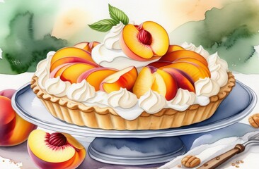 Shortbread pie with peaches and whipped cream - 790738874