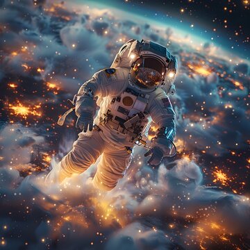 Lone Astronaut Adrift in the Vast Wondrous Expanse of Space Earth Suspended in the Distance Illuminated by a Nearby Star