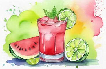 Watermelon lemonade with lime in glass, watercolor style - 790739068