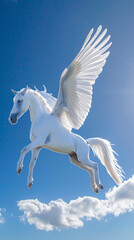 Obraz na płótnie Canvas High-resolution, professional photograph of a detailed, photorealistic white pegasus soaring in the sky.