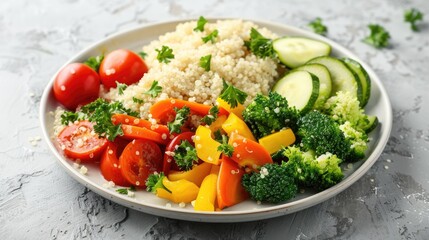 Tasty vegetable and quinoa plate on a light grey table in a vegetarian meal oriented image