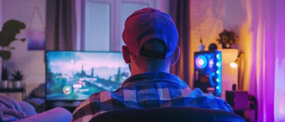 Obraz premium Gamer Playing First-Person Shooter Online Video Game on Powerful PC. Room and PC have Neon Leds. Young Man Wears Cap. Cozy Evening.