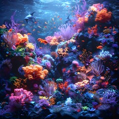 Naklejka na ściany i meble Vibrant Bioluminescent Coral Reef Teeming with Diverse Aquatic Creatures in Striking 3D Rendering