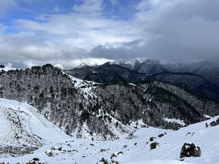 Tseylomsky pass in Ingushetia. A trip uphill to the Tsei Loam pass on a cloudy spring day. Panorama...