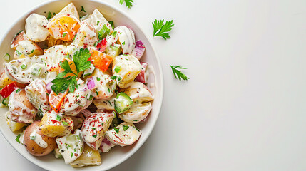 Creamy Mayonnaise Potato Salad: Fresh & Delicious Healthy Food, Top View on White Background, Ideal for Lunch & Dinner Recipes