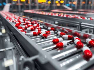 Red and white capsules on a high tech pharmaceutical production line