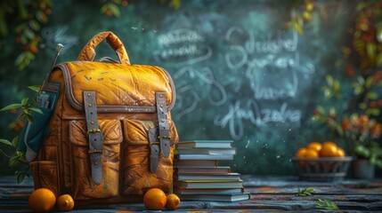 A yellow backpack, books and an alarm clock on the left side of a green background with school icons drawn in white chalk. The concept for template design elements or back-to-school banners. 