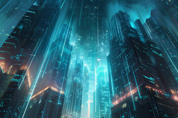 Obraz premium A sleek, futuristic cityscape with shimmering skyscrapers reaching towards a digital sky for technology background