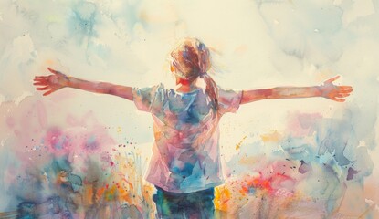 A little girl stands with her arms outstretched, facing the sky, in a watercolor painting with a white background and pastel colors, mist around her.