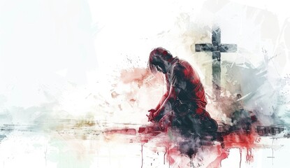 A man kneeling in prayer with the cross behind him, on a white background, in the watercolor style
