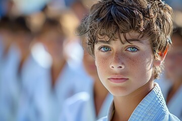 A focused portrait of a pretty boy in a karate group training outdoors.